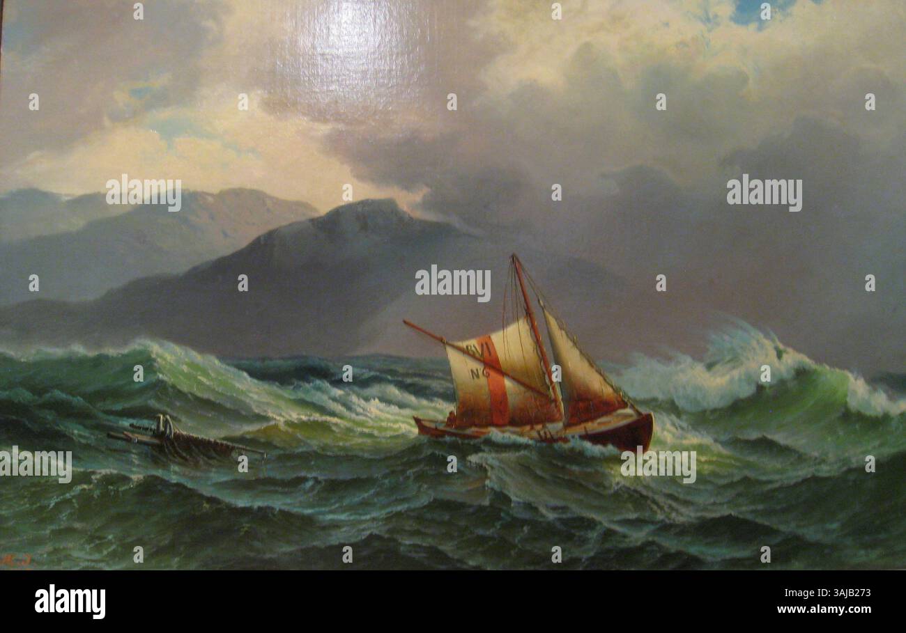 Le tableau de 1875 de Hjalmar Johnssen, « Pilot Boat in high Sea », présente une scène dramatique d'un bateau pilote naviguant dans des eaux agitées. La pièce reflète l'art maritime de l'époque en mettant l'accent sur la résilience du bateau contre les forces de la nature. Banque D'Images