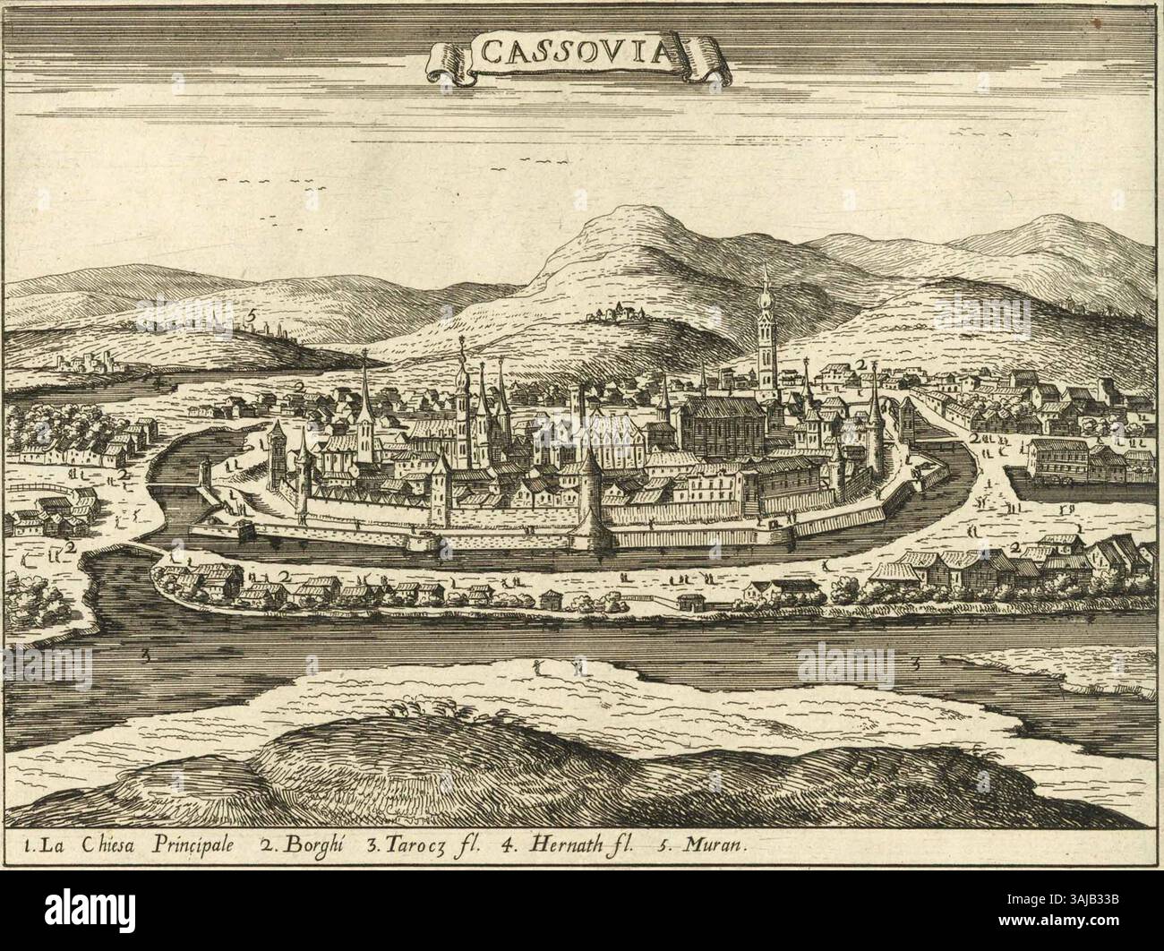 La gravure de Giovanni Giacomo de Rossi en 1683 du château de Kassa en Hongrie montre la forteresse telle qu’elle apparaissait au XVIIe siècle. L'œuvre met en évidence les caractéristiques architecturales et l'importance militaire du château. Banque D'Images