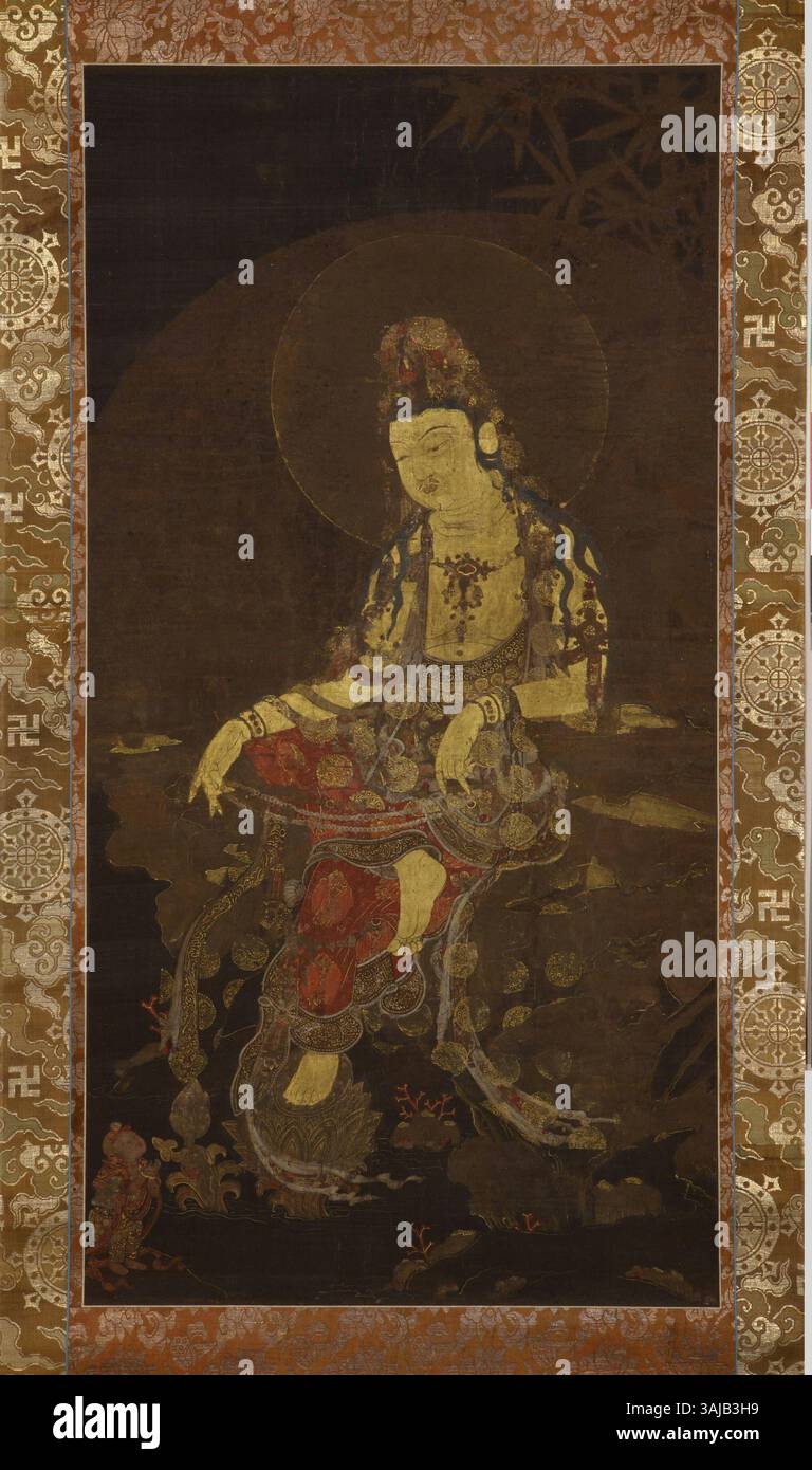 Cette peinture coréenne du XIVe siècle, connue sous le nom de « Suwolgwaneumdo », fait partie de la collection du musée Horim. Il représente des images bouddhistes et des thèmes religieux, typiques de l'art bouddhiste coréen de cette période. Banque D'Images