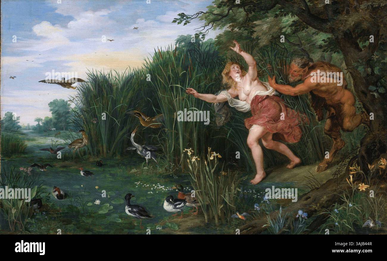 Une peinture de paysage du XVIIe siècle par Jan Brueghel le jeune représentant le mythe de Pan et Syrinx des Métamorphoses. Banque D'Images