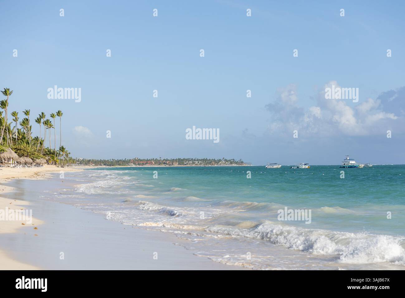 Des palmiers bordent la rive sablonneuse tandis que des vagues calmes se dressent contre la plage. Plusieurs bateaux flottent dans l'eau turquoise sous un ciel bleu clair, créant un pois Banque D'Images