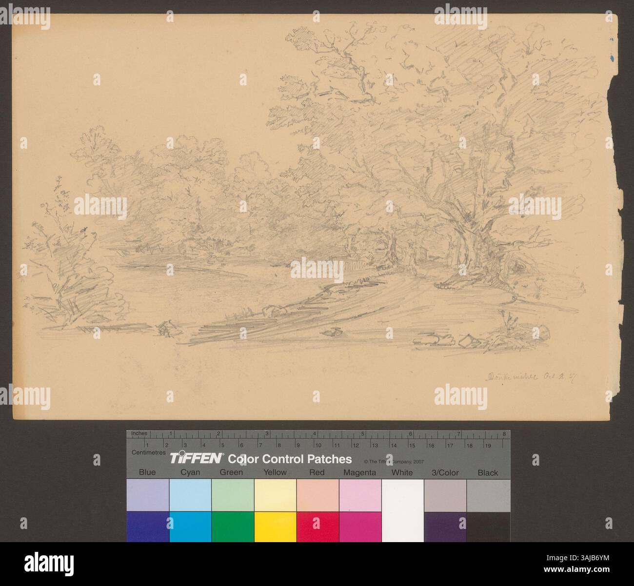 Ce dessin de 1857 de Johann Rudolf Rahn montre le Mönkemühle, un moulin en Suisse, avec ses caractéristiques architecturales et ses environs. Banque D'Images