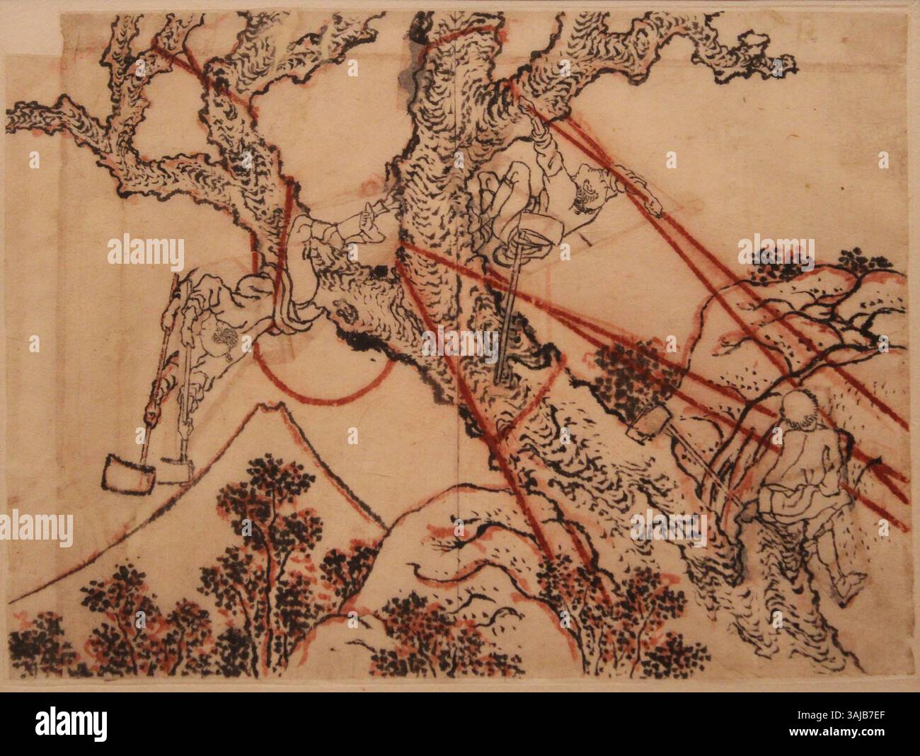 Ce dessin préparatoire de Katsushika Hokusai de 1834 représente le mont Fuji vu depuis les montagnes Totomi, une partie de sa série *cent vues du mont Fuji*. Il utilise de l'encre de Inde et du pigment rouge pour créer un paysage détaillé. Banque D'Images