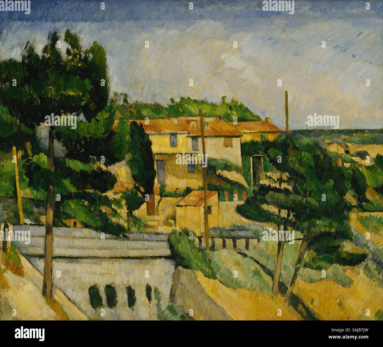 Le tableau de Paul Cézanne de 1879-1882, « le pont routier à L'Estaque », capture un pont dans le village méditerranéen de L'Estaque. L'œuvre illustre l'exploration de la forme et de la couleur par Cézanne dans la peinture paysagère. Banque D'Images
