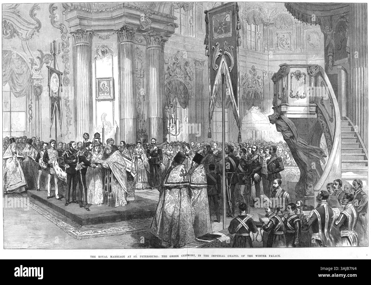 Cette illustration pour Illustrated London News capture la cérémonie royale grecque du mariage à la Chapelle impériale du Palais d'hiver, à Pétersbourg, montrant les coutumes religieuses et la splendeur associées au mariage impérial en 1874. Banque D'Images Cette illustration pour Illustrated London News capture la cérémonie royale grecque du mariage à la Chapelle impériale du Palais d'hiver, à Pétersbourg, montrant les coutumes religieuses et la splendeur associées au mariage impérial en 1874. Banque D'Images