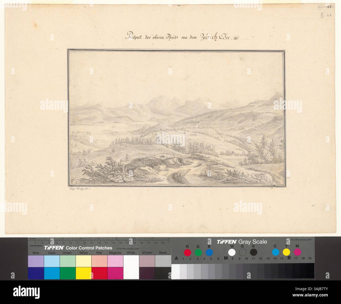 Ce dessin de 1730-1775 montre une vue de la partie supérieure du lac de Zurich, probablement depuis Richterswil ou Wädenswil. La pièce, créée à la craie noire et à l’encre, offre une représentation topographique du paysage naturel de la région et des vues sur le lac. Banque D'Images