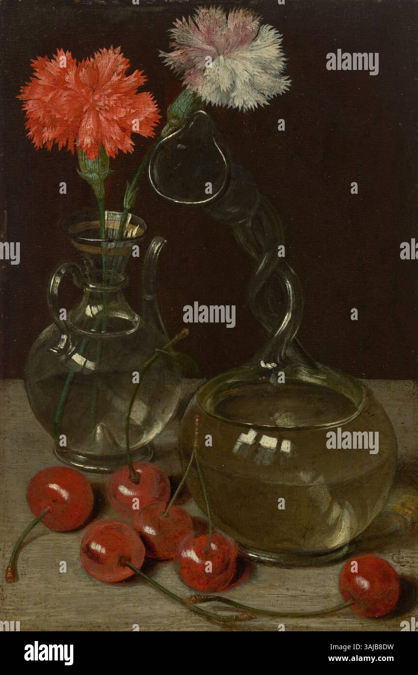 La peinture de nature morte de Georg Flegel représente un vase en verre avec des fleurs et un Kuttrolf, entouré de cerises, habilement rendu à l’huile sur panneau. Le monogramme de l'artiste 'GF' est inscrit en bas à droite. Banque D'Images