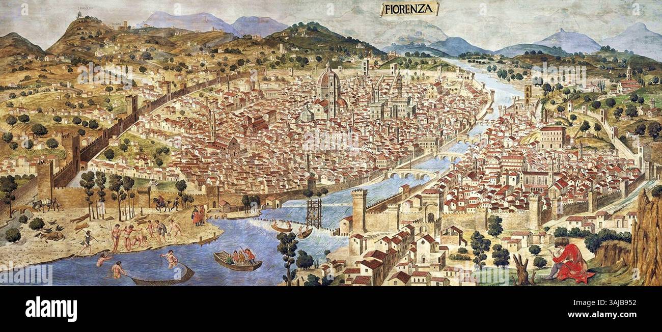 La Pianta della Catena est un fac-similé attribué à Francesco Rosselli. Créé en 1887, il reproduit une carte du paysage urbain de Florence de 1470, montrant une vue historique importante de la ville telle qu'elle apparaissait à la fin du moyen âge. Banque D'Images
