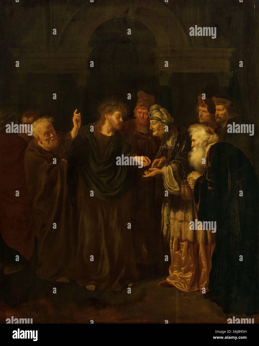 Le tableau de Salomon Koninck de 1640 « L'argent de l'hommage » représente la scène biblique de Jésus et du collecteur d'impôts, rendu à l'huile sur panneau. Signée et datée par l'artiste, l'œuvre présente des détails complexes des figures et du paysage, reflétant la maîtrise de l'artiste dans la représentation de sujets religieux. Banque D'Images