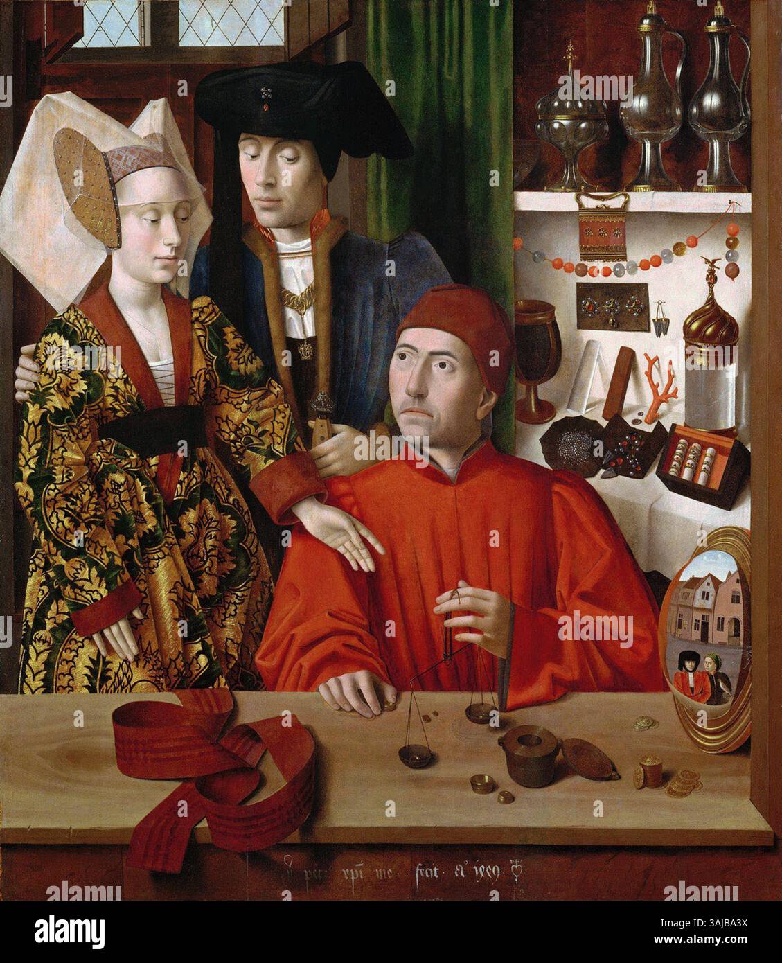 Petrus Christus 'St Eligius dans son atelier', peint en 1449, représente le saint dans son atelier. Il est logé dans le Metropolitan Museum of Art. Banque D'Images