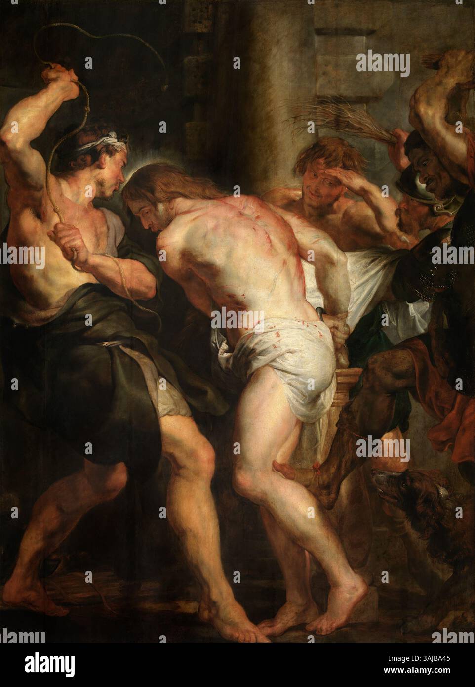 Le tableau de Pierre Paul Rubens de 1617 'la flagellation du Christ', qui fait partie de la série mystères du Rosaire, est conservé dans l'église de Paul à Anvers. Il dépeint la souffrance du Christ, mettant l'accent sur les thèmes religieux dans le baroque compris Banque D'Images