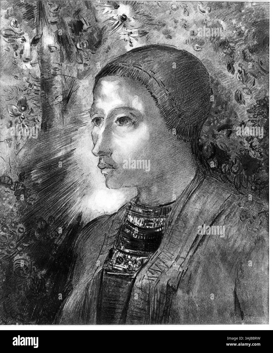 « La Bretonne » d’Odilon Redon, créée en 1895, capture la figure d’une femme bretonne avec des détails expressifs à l’aide de fusain sur papier. L’œuvre reflète l’intérêt de Redon pour l’identité régionale et l’expression émotionnelle à travers le portrait. Banque D'Images