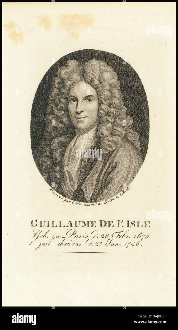 Guillaume de L'Isle, cartographe français de renom, né en 1675, est connu pour ses travaux en géographie et en cartographie à la fin du XVIIe et au début du XVIIIe siècle. Ses contributions à la cartographie ont été essentielles pour faire progresser les connaissances géographiques au cours des lumières. Banque D'Images