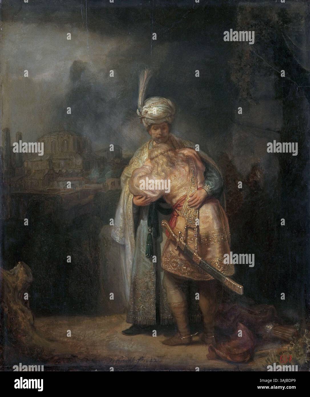 Ce tableau de 1642, 'David et Jonathan' de Rembrandt, représente une scène biblique des deux personnages dans un moment poignant d'amitié. L'huile sur panneau fait partie de l'exploration des thèmes religieux par Rembrandt. Il est conservé au Musée de l'Ermitage. Banque D'Images
