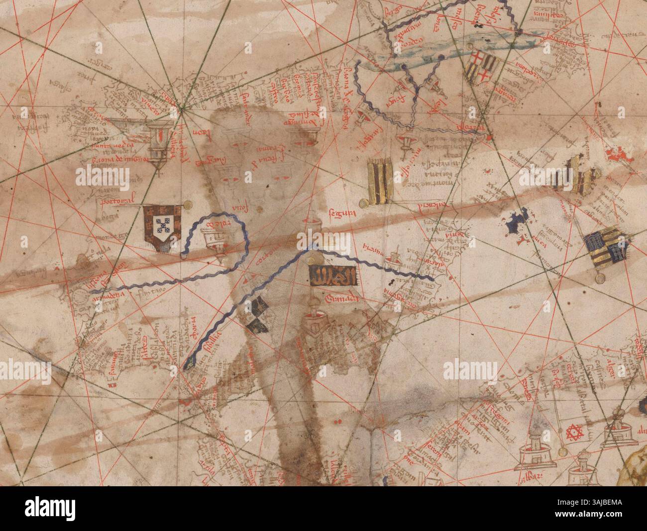 Cette carte portolane catalane anonyme, peut-être de l'atelier de Cresques Abraham, datant d'environ 1400, représente la péninsule ibérique. Il fournit une carte nautique détaillée, reflétant le style cartographique de la fin du moyen âge. Banque D'Images