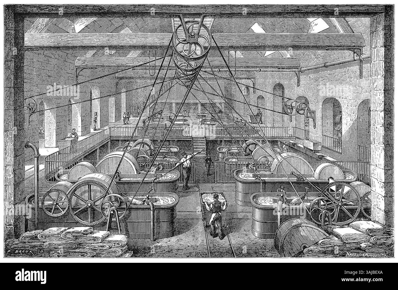 Une illustration de 1873-77 représentant un atelier avec des moteurs de battage et de lavage, créé par Louis Figuier. La scène représente les procédés industriels utilisés dans la fabrication textile, mettant en valeur les machines impliquées dans ces opérations à la fin du XIXe siècle. Banque D'Images