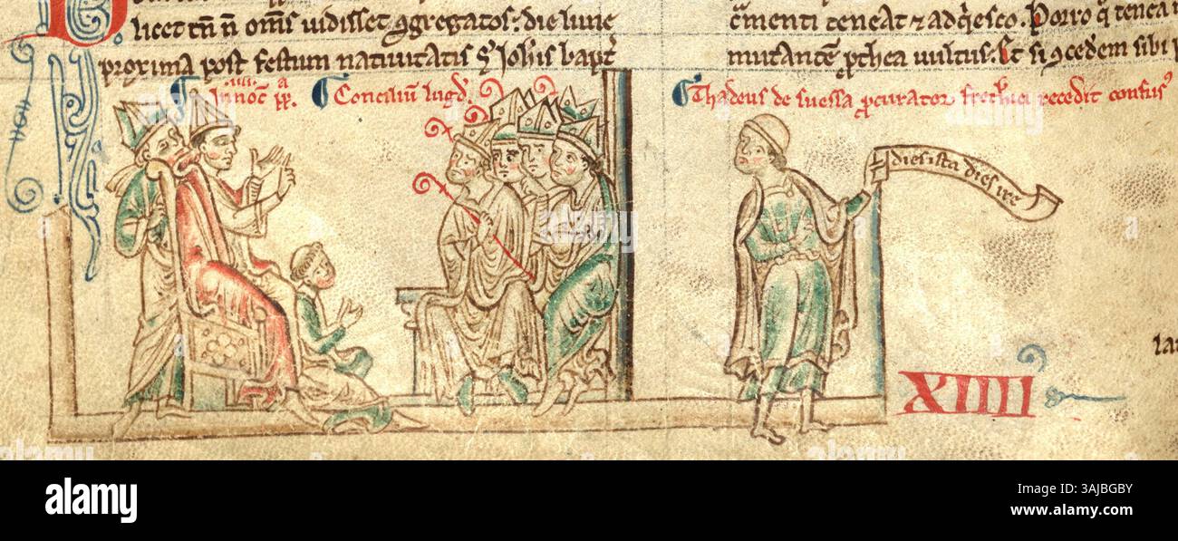 Une illustration de Matthieu Paris représentant le premier concile de Lyon en 1245, où Taddeo da Sessa, l'avocat de Frédéric II, laisse dans la confusion après que le pape Innocent IV ait destitué l'empereur. La scène est remplie de détails historiques, capturant le moment dramatique. Banque D'Images