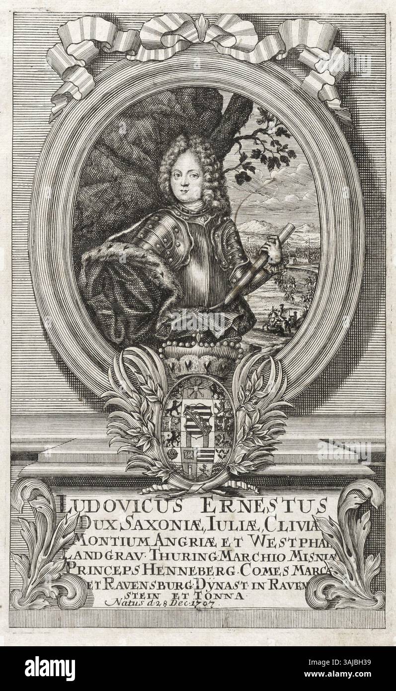 Cette gravure sur cuivre du XVIIIe siècle réalisée par August Christian Fleischmann représente Louis Ernst von Sachsen-Gotha-Altenbourg, le fils de Frédéric II de Saxe-Gotha-Altenbourg, capturant son ressemblance de jeune prince entre 1720 et 1725. Banque D'Images