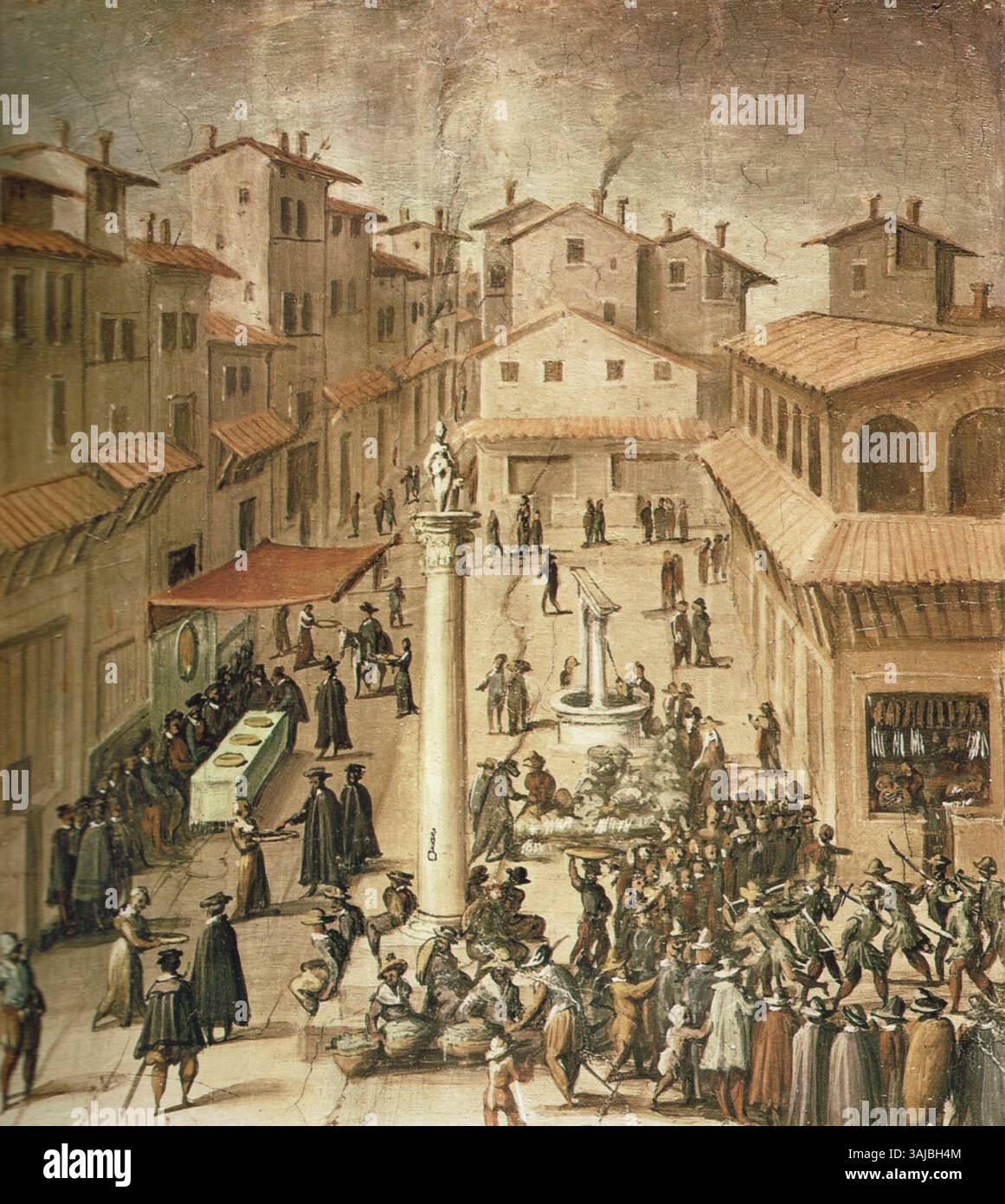 Ce détail de l'œuvre de Jan van der Straet représente le Mercato Vecchio à Florence, mettant en valeur la disposition de la Piazza della Repubblica datant d'avant le XIXe siècle. La peinture capture une colonne encore debout aujourd'hui, mettant en évidence le design urbain historique et la vie publique à Florence. Banque D'Images