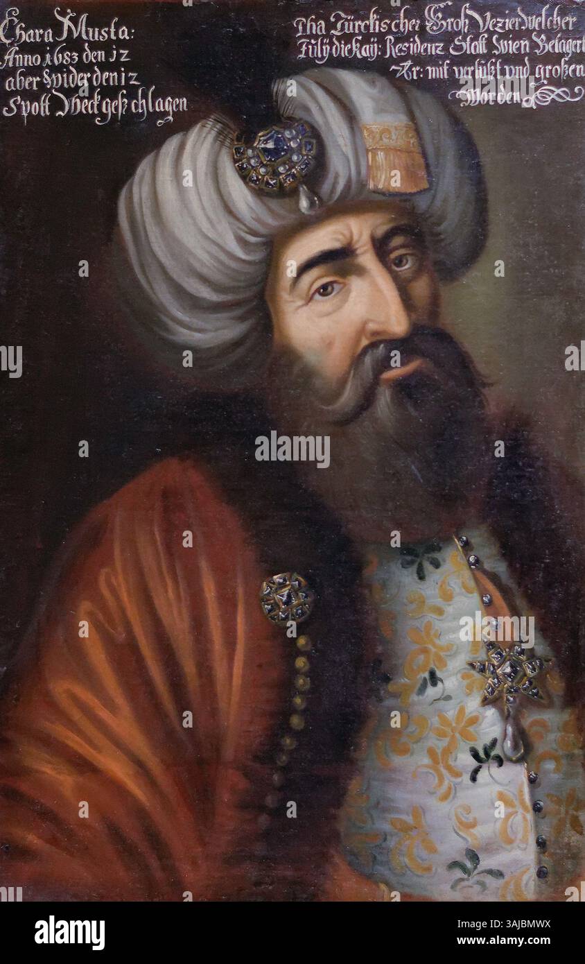 Ce portrait du XVIIe siècle représente Kara Mustafa Pacha, le grand vizir ottoman qui a dirigé le siège manqué de Vienne en 1683. L'inscription au-dessus du portrait dit : « Kara Mustafa, grand vizir turc, qui assiégea la ville de Vienne le 12 juillet 1683, mais fut vaincu avec une grande perte et une grande humiliation ». L'huile sur toile est conservée au Wien Museum. Banque D'Images