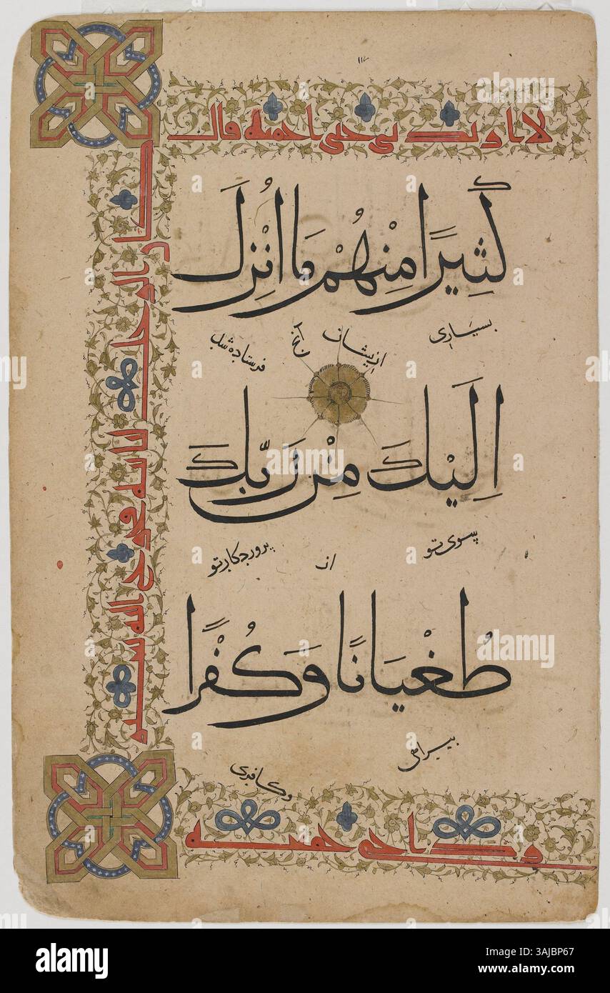 Ce folio détaché du XIVe au XVe siècle d'un Coran présente Sura 5, vers 68-69, transcrit dans une écriture hybride unique. La pièce présente des scripts Kufic et Naskh complexes, avec des traductions persanes interlinéaires. Ses bordures florales en or et ses médaillons sont des exemples remarquables de calligraphie et d'art islamiques pendant la période du Sultanat de Delhi. Banque D'Images