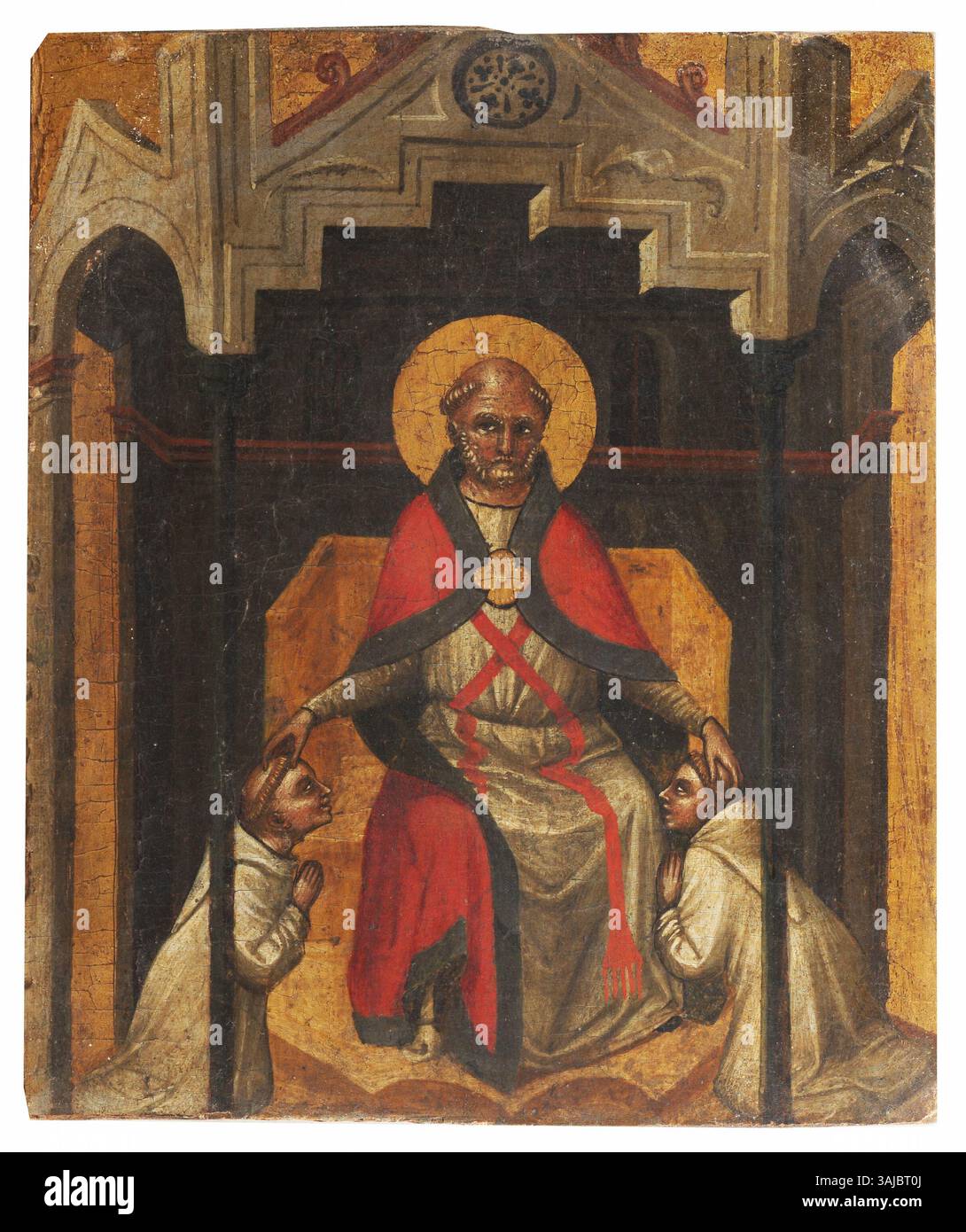 Peinture à tempera du XIVe siècle représentant Saint Benoît, attribuée à l'artiste vénitien Lorenzo Veneziano. L’œuvre capture la nature sereine et pieuse du saint, mettant en valeur l’art gothique vénitien et l’iconographie religieuse. Banque D'Images