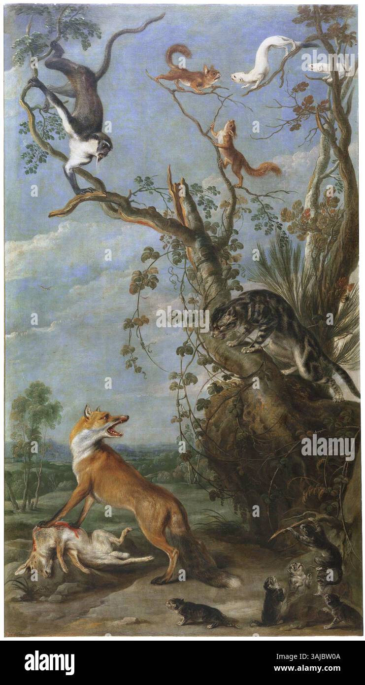 Peinture de Frans Snyders 'le chat et le renard' de 1636 à 1639, représentant des animaux dans un style détaillé et réaliste. Banque D'Images