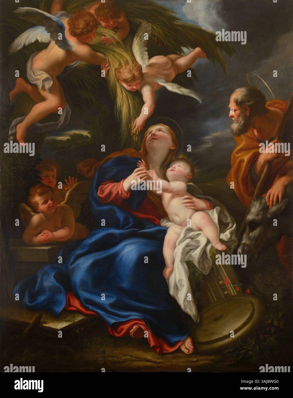 La peinture de Domenico Piola 'repos de la Sainte famille sur le chemin d'Égypte' représente la Sainte famille au repos pendant leur voyage en Égypte. Créée au XVIIe siècle, cette peinture à l'huile religieuse est un exemple de l'art baroque italien, soulignant le moment tendre de l'enfant Christ, Marie et Joseph lors de leur fuite de la persécution d'Hérode. Banque D'Images
