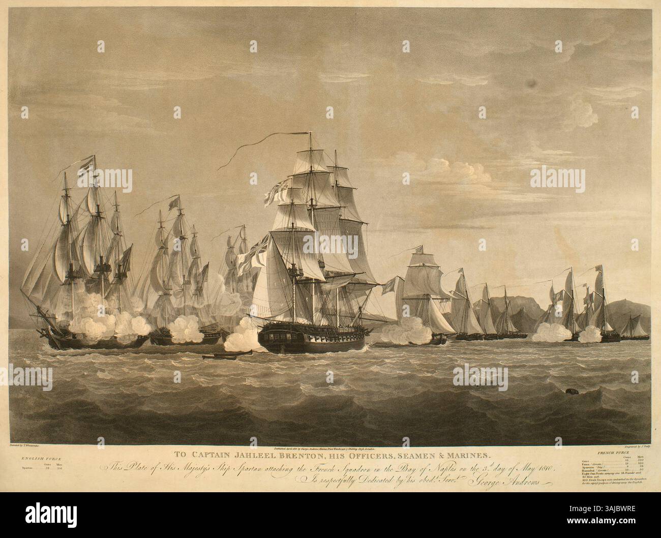 Cette vue de Thomas Whitcombe montre le HMS Spartan attaquant une escadre française dans la baie de Naples le 3 mai 1810, pendant les guerres napoléoniennes, soulignant la supériorité navale britannique. Banque D'Images