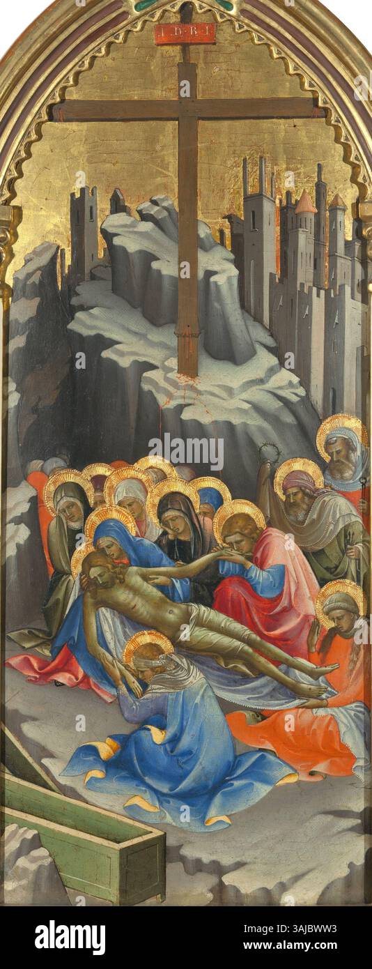 La Lamentation du Christ de Lorenzo Monaco représente une scène religieuse de deuil après la crucifixion de Jésus. La tempera sur le tableau met en évidence l'expression émotionnelle et les figures entourant le Christ. Les détails et le style complexe de la peinture représentent l'expertise de Monaco dans l'art de la Renaissance, mettant en valeur une iconographie religieuse vivante. Banque D'Images