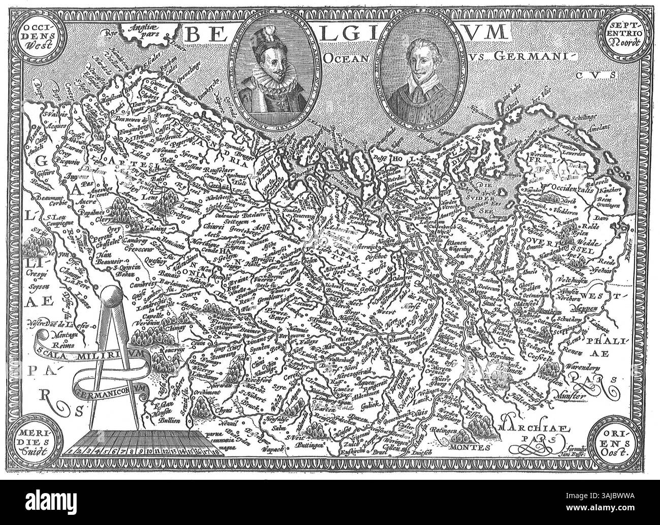Cette carte de la Belgique de 1608, créée par Johann Bussemacher, met en valeur le paysage politique de la région au début du XVIIe siècle. Il comprend des portraits de personnalités éminentes Albert d'Autriche et Maurice de Nassau, reflétant l'orientation politique et militaire de la période. Banque D'Images