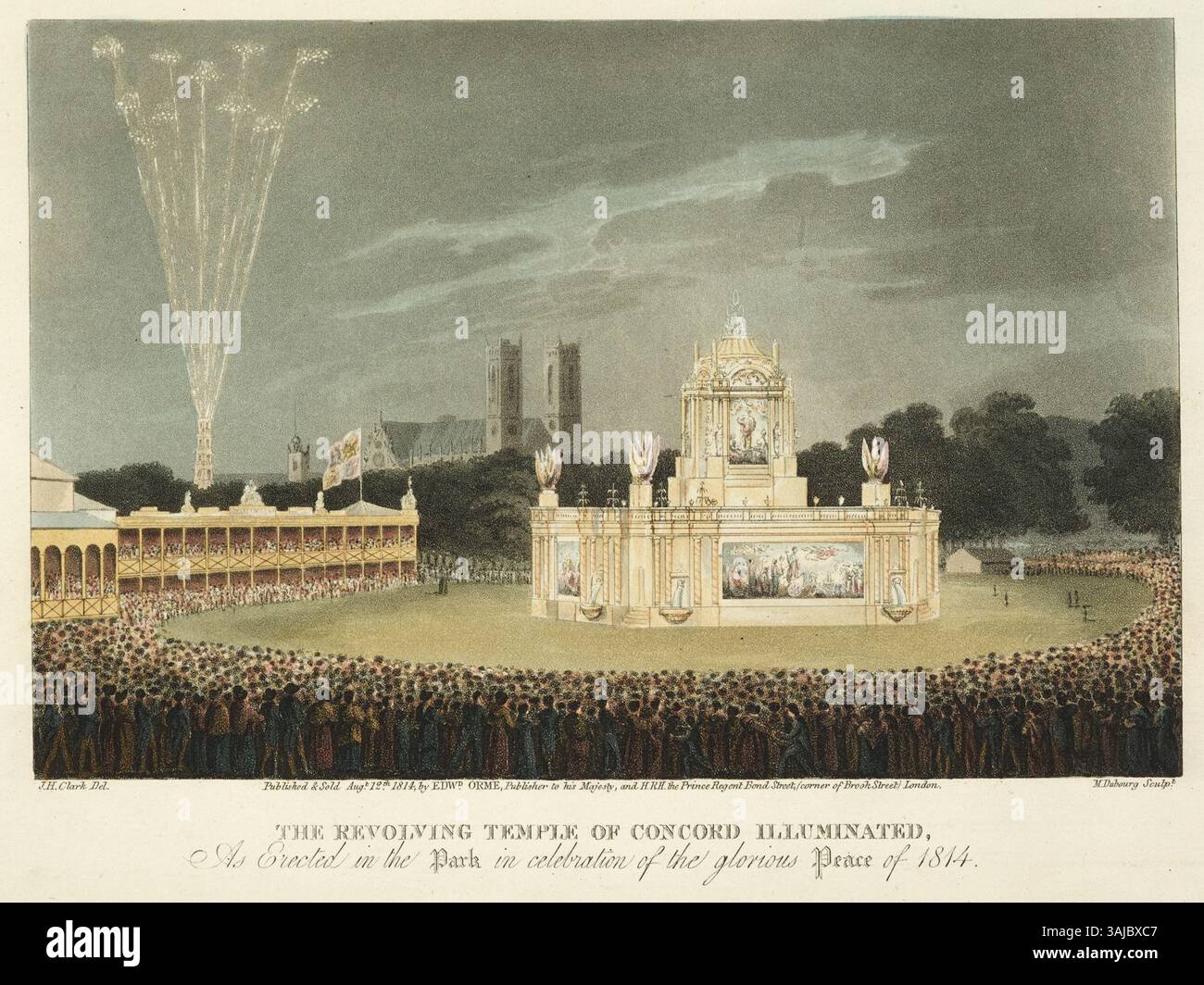 L'image représente le Temple tournant de la Concorde illuminé en célébration de la paix de 1814, conçu par J.H. Clark et gravé par M. Dubourg. La scène montre des foules, des feux d'artifice et l'abbaye de Westminster au loin, célébrant la fin de la guerre et le rétablissement de la paix. Banque D'Images
