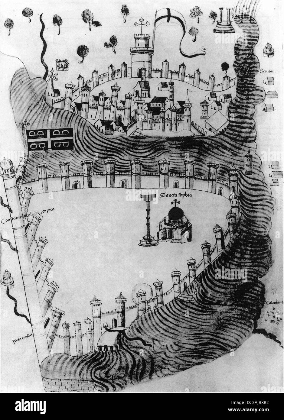 Une carte de 1475 de Constantinople et Pera, faisant partie du manuscrit Liber insularum archipel. La carte représente le tracé urbain de Constantinople à la fin du XVe siècle, en mettant en évidence des endroits clés tels que la Corne d'Or et les quartiers environnants. Banque D'Images