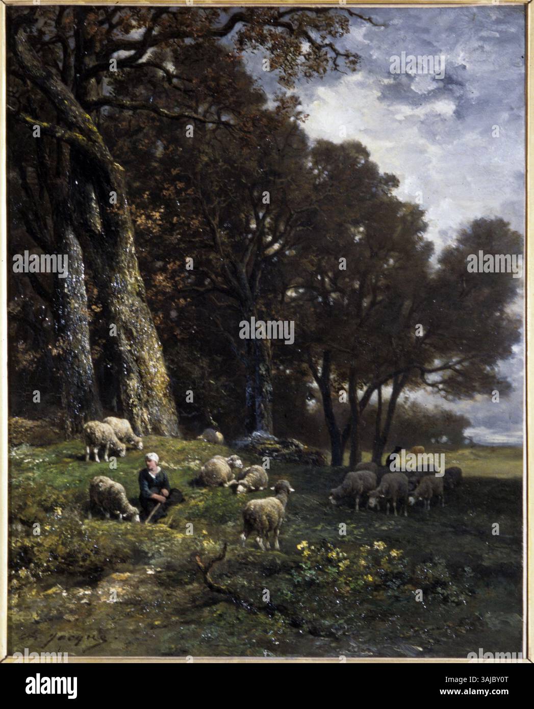 Cette peinture de 1873 de Charles Jacque représente le pâturage de moutons dans une scène pastorale. L'œuvre illustre l'art de genre, capturant la vie rurale paisible typique de la peinture paysagère française du XIXe siècle. Banque D'Images