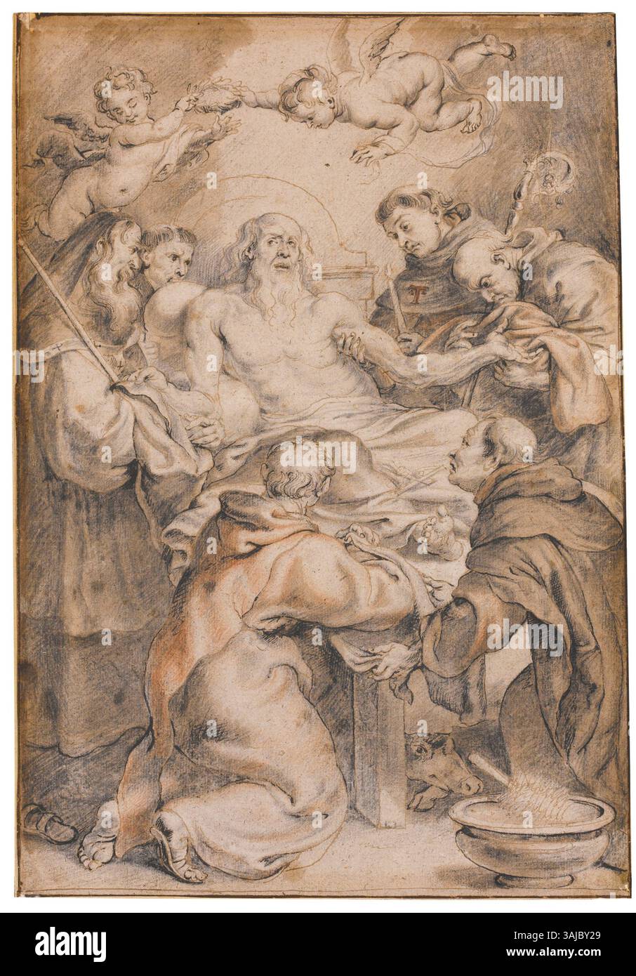 Ce dessin de l'atelier de Peter Paul Rubens représente 'la mort d'Anthony Abbot'. L'encre sur papier représente la figure religieuse de l'artiste, reflétant le style de l'artiste à l'époque baroque. Banque D'Images
