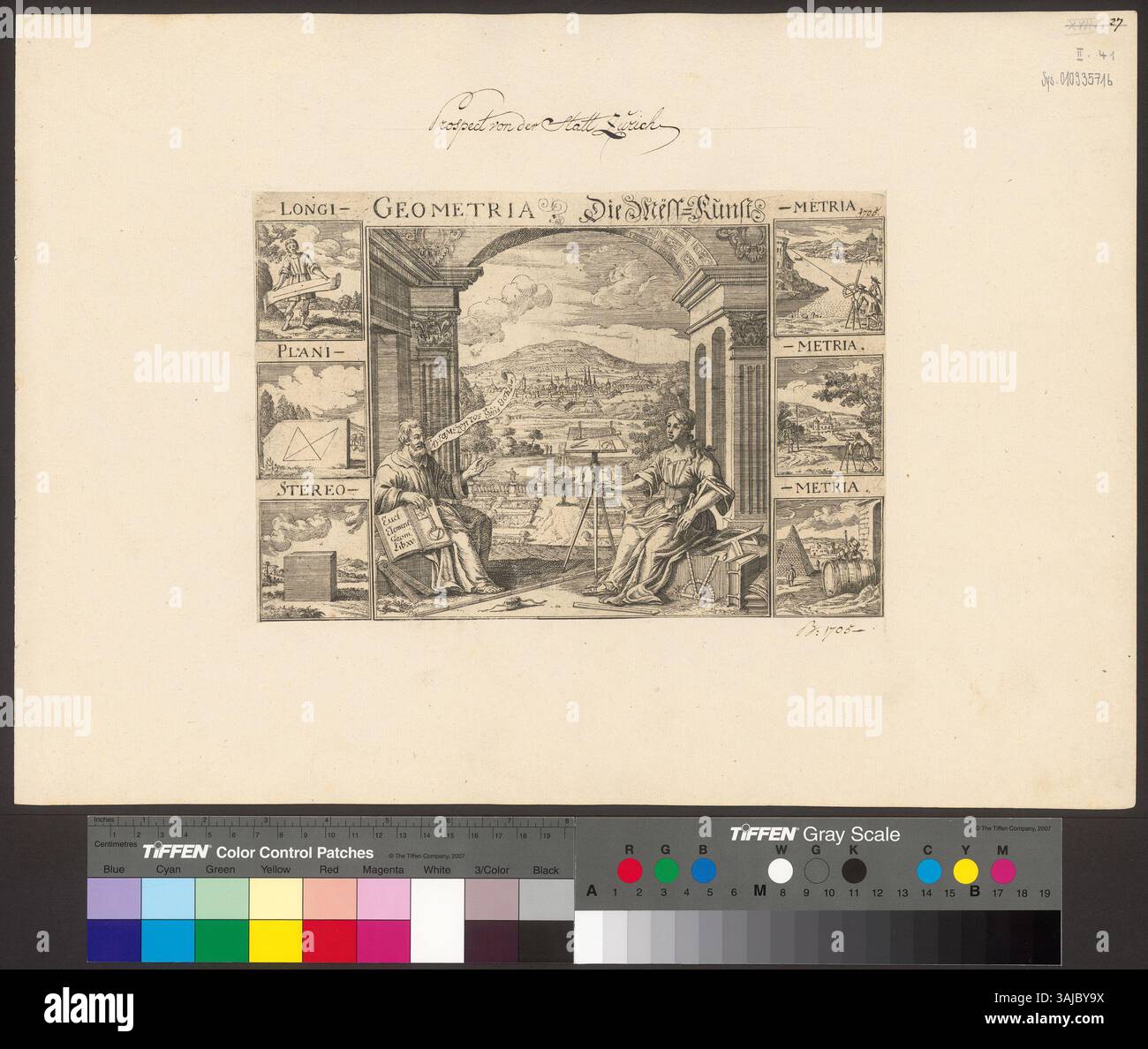 Cette gravure de 1705 présente une figure allégorique de géométrie à droite, avec Euclide à gauche et une vue de Zurich en arrière-plan. Des représentations plus petites de Longimetria, Planimetria et Stereometria sont montrées sur les côtés. Créé par Johannes Meyer der Jüngere. Banque D'Images