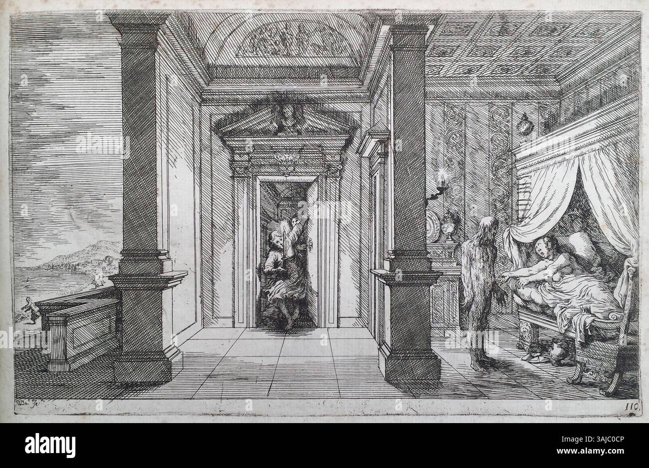 La gravure de Johann Wilhelm Baur, créée en 1641, illustre Morphée dans la maison de Ceyx, une scène de la mythologie grecque. L'estampe, signée par Baur, représente le moment avant qu'Alcyone, figure clé du mythe, n'entre en scène, mettant en valeur le style de gravure détaillé de Baur. Banque D'Images