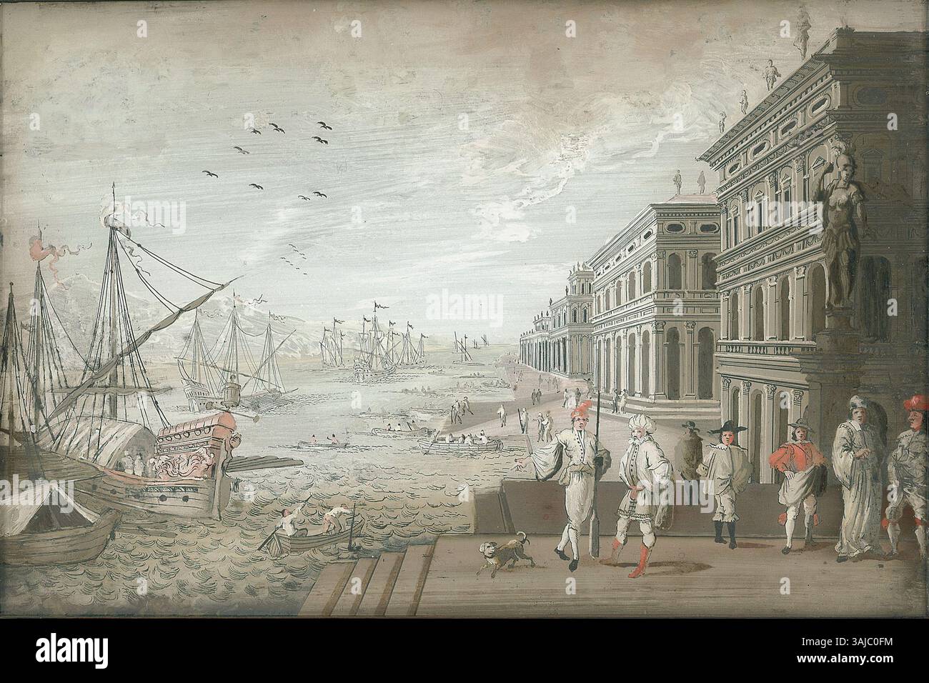 L’œuvre de Johann Wolfgang Baumgartner, « Venezianische vedute », datant de 1740, est une peinture sur verre inversé transparente à la technique de la grisaille. Il présente des accents rouges subtils et des contours gravés en noir. La pièce est basée sur une gravure sur cuivre de Melchior Küsel d'après Johann Wilhelm Baur, mettant en valeur une vue vénitienne. Banque D'Images