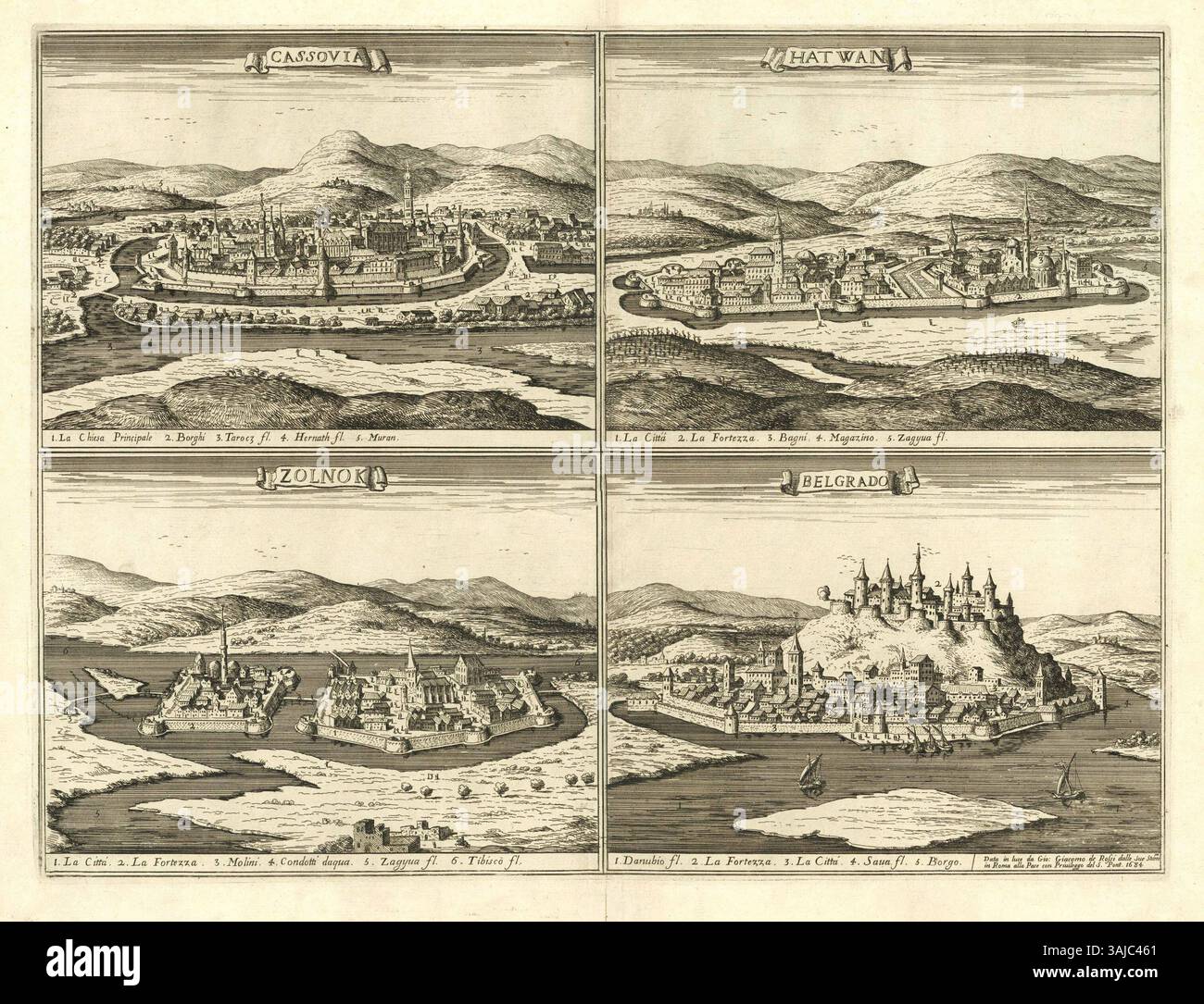 Cette gravure du XVIIe siècle de Giovanni Giacomo de Rossi (1627-1691) représente les forteresses de Kassa, Hatvan, Szolnok et Belgrade. L'œuvre de 1683 est une représentation historique des principaux sites militaires en Europe centrale. Banque D'Images