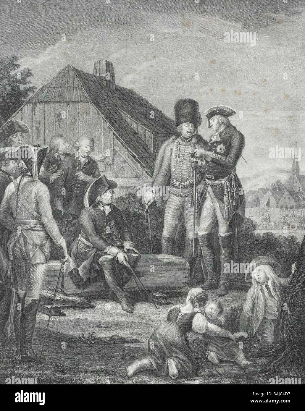 Cette gravure de 1801 de Daniel Berger représente Frédéric II de Prusse à Nimbourg après la bataille de Kolín (1757), mettant en valeur le roi de Prusse dans un contexte militaire historique. Banque D'Images