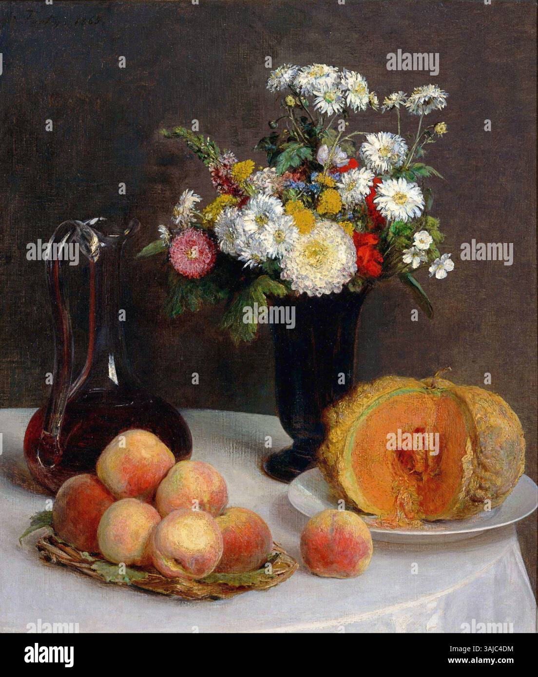 La peinture à l'huile de Henri Fantin-Latour de 1865 « nature morte avec une carafe, des fleurs et des fruits » est une nature morte saisissante qui souligne sa maîtrise de la texture et de la lumière. La pièce fait partie de la collection du Musée National de Western Art. Banque D'Images La peinture à l'huile de Henri Fantin-Latour de 1865 « nature morte avec une carafe, des fleurs et des fruits » est une nature morte saisissante qui souligne sa maîtrise de la texture et de la lumière. La pièce fait partie de la collection du Musée National de Western Art. Banque D'Images