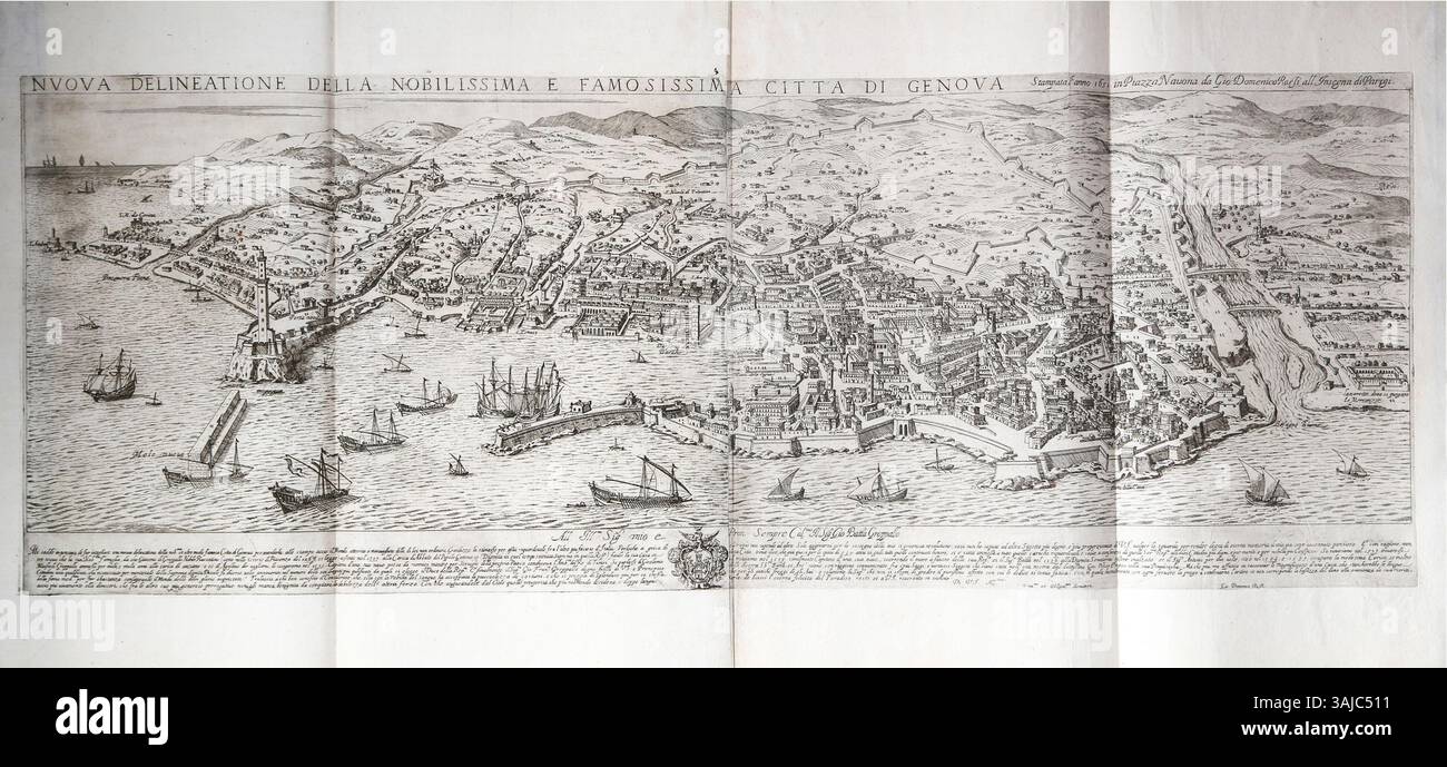 Cette carte de Gênes de 1651 est une version mise à jour de l'œuvre d'Alessandro Baratta de 1637, avec des éléments simplifiés et de nouvelles fortifications. La gravure, probablement de Dominique barrière, a été publiée par Giovanni Giacomo de Rossi et réimprimée à Amsterdam en 1704 avec d'autres ajouts. Banque D'Images