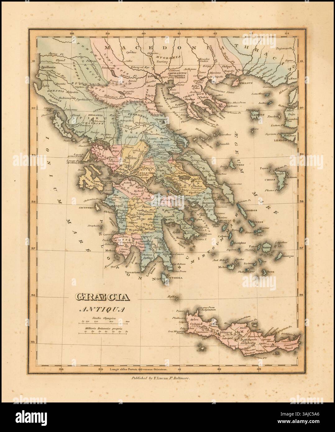 Une carte de 1823 de la Grèce antique par Fielding Lucas, Jr, offrant une vue détaillée de la topographie et des sites historiques de la région. La carte donne un aperçu du monde grec classique. Banque D'Images