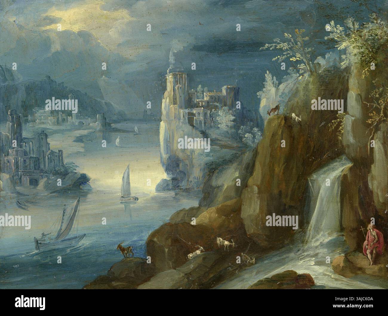 Une peinture à l'huile de la fin du XVIe siècle de Paul Bril représentant un paysage de rivière rocheux avec un ermite. La pièce illustre la maîtrise de Bril des scènes de paysage et de nature, mélangeant des éléments naturalistes avec des figures humaines. Banque D'Images