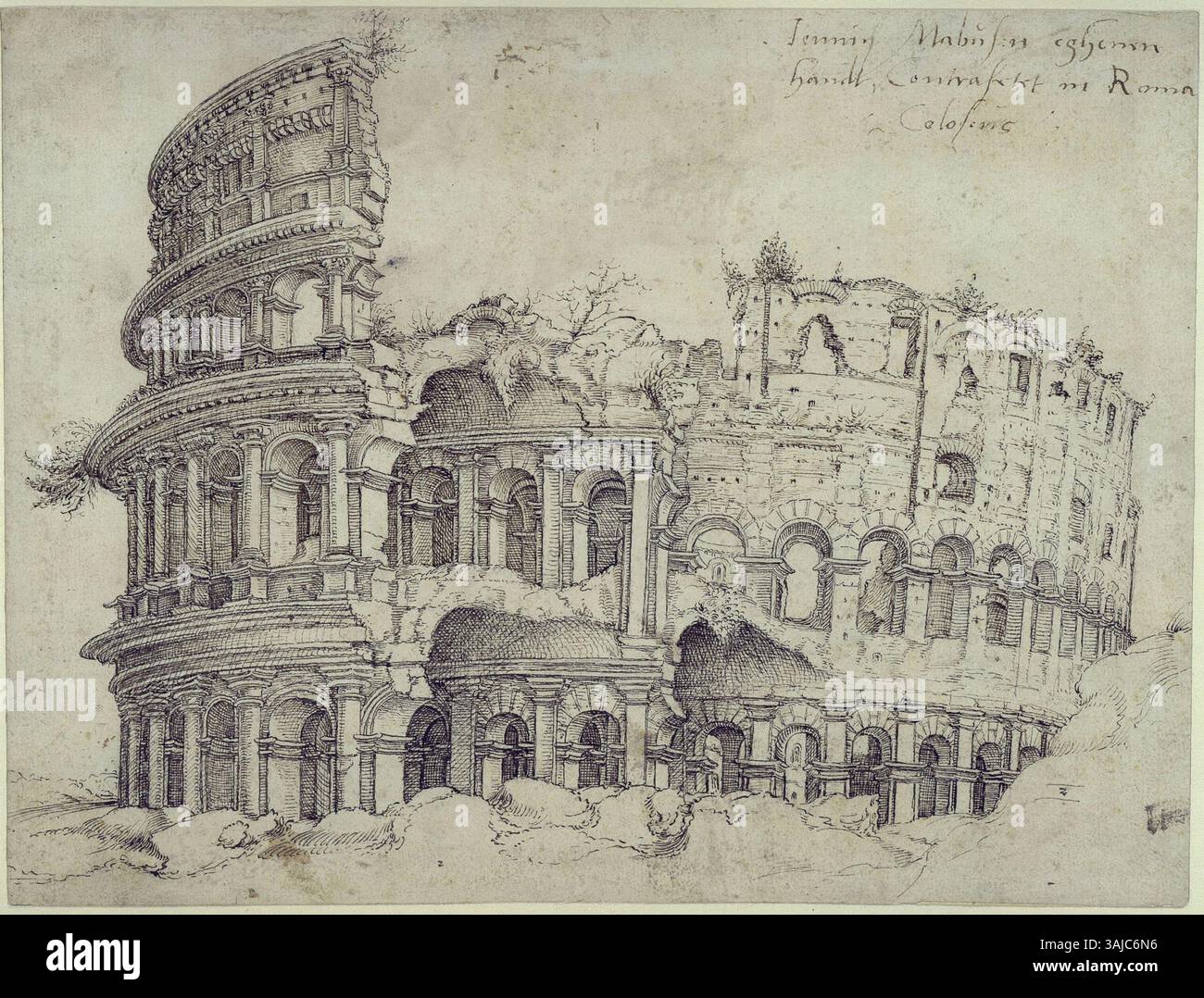 Ce dessin du Colisée par Jan Gossaert, réalisé vers 1508-1509, est un bel exemple de l'exploration de l'antiquité classique au début de la Renaissance. La pièce reflète l’intérêt de Gossaert pour l’architecture ancienne et constitue une étude significative des monuments romains du XVIe siècle. Banque D'Images