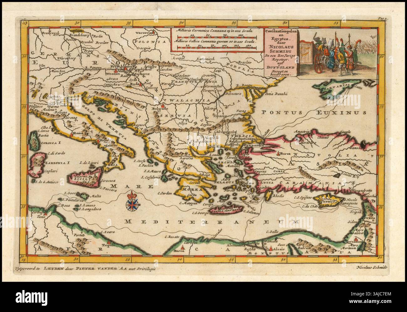 Cette carte de 1700 de Pieter van der AA présente la Méditerranée orientale, mettant en évidence les régions et les villes clés ainsi que leurs routes maritimes. Van der AA, cartographe néerlandais renommé, a méticuleusement conçu cette carte, illustrant le paysage géopolitique de l'époque. Banque D'Images