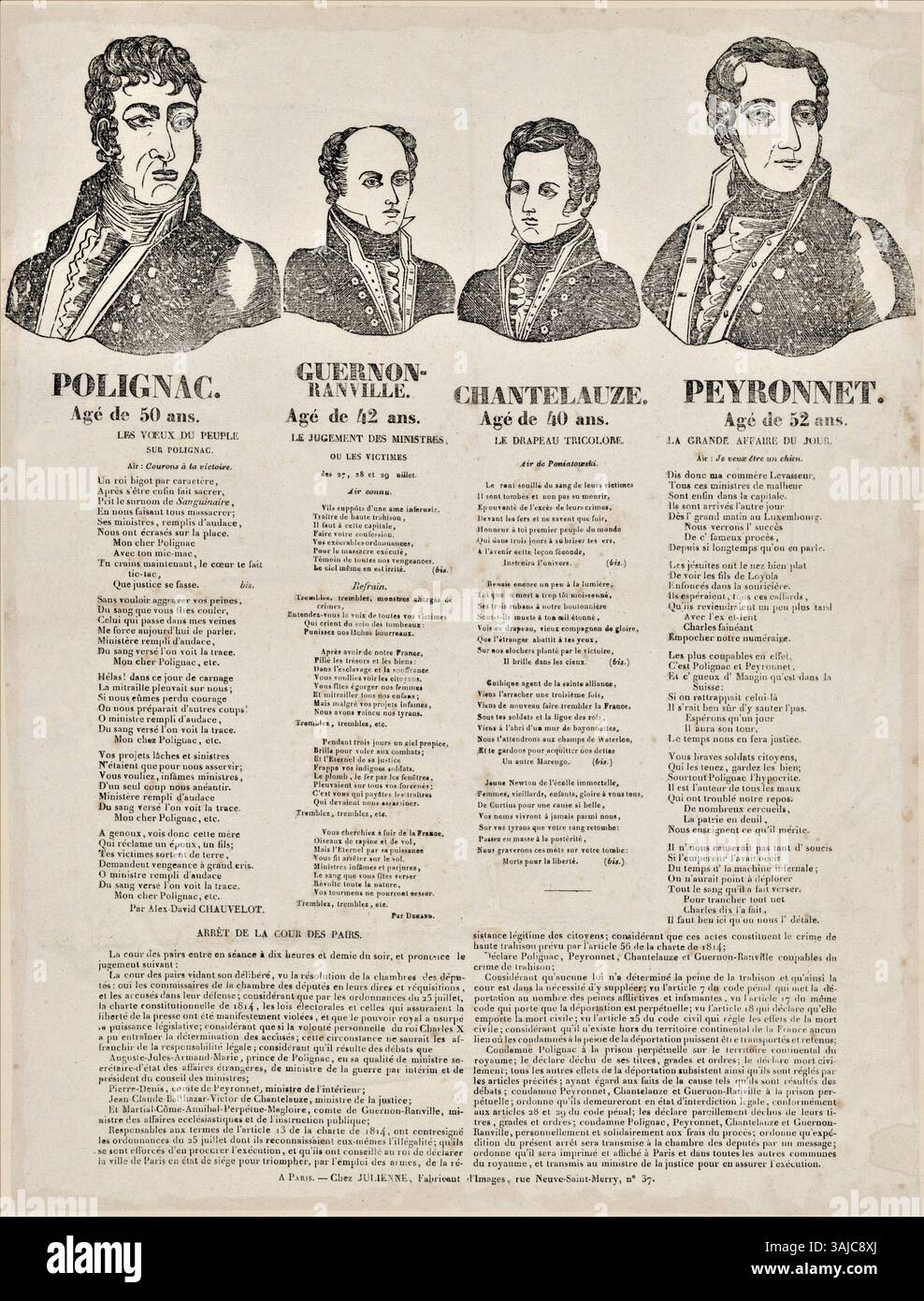 Cette estampe de décembre 1830 représente quatre ministres français — Polignac, Guernon-Ranville, Chantelauze et Peyronnet — qui ont été jugés par la Chambre des pairs à la suite des troubles politiques pendant la Révolution de juillet. Banque D'Images