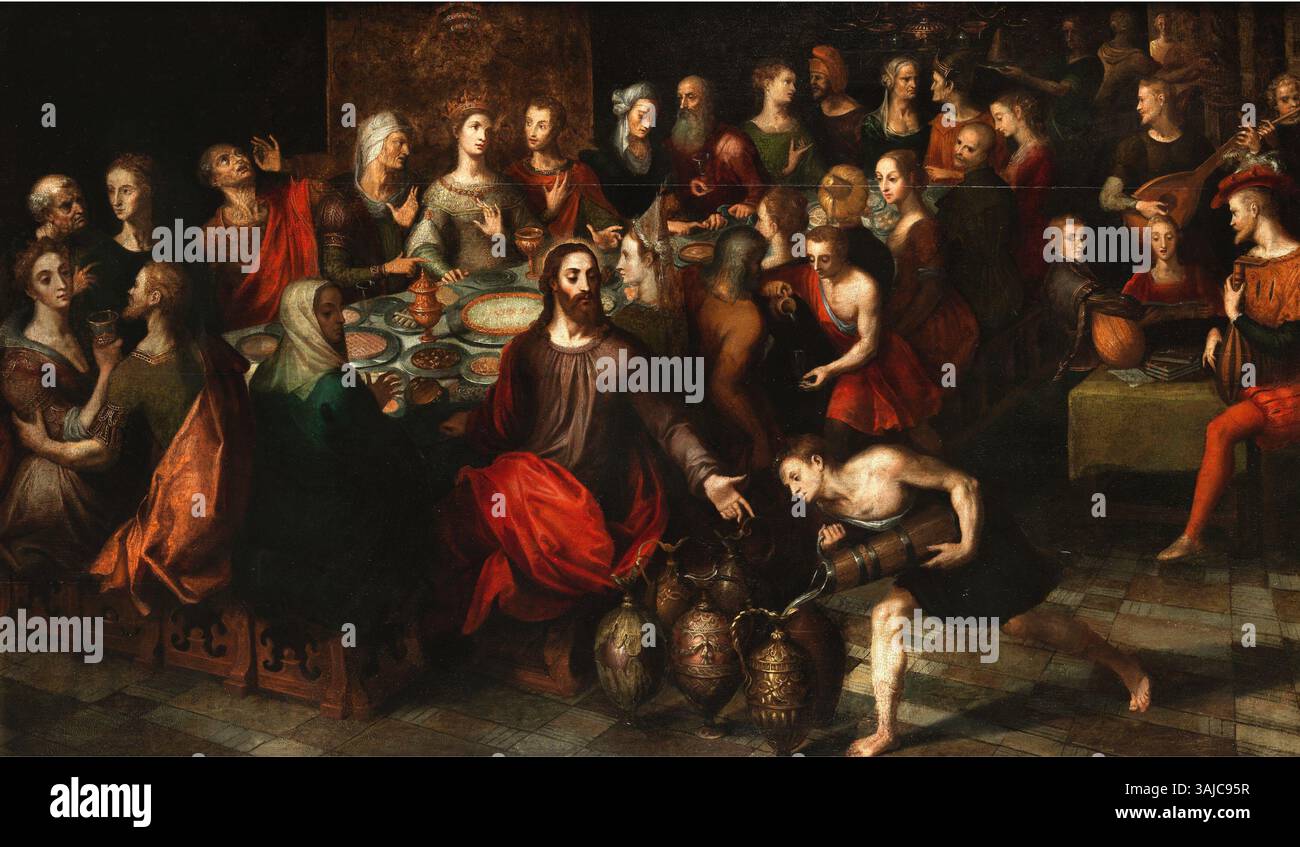 La peinture à l'huile sur panneau d'Adam van Noort représente le mariage à Cana, une scène biblique. L'œuvre, datant de 1587 à 1641, met l'accent sur le miracle divin accompli par le Christ, mettant en valeur des thèmes religieux baroques primitifs. Banque D'Images