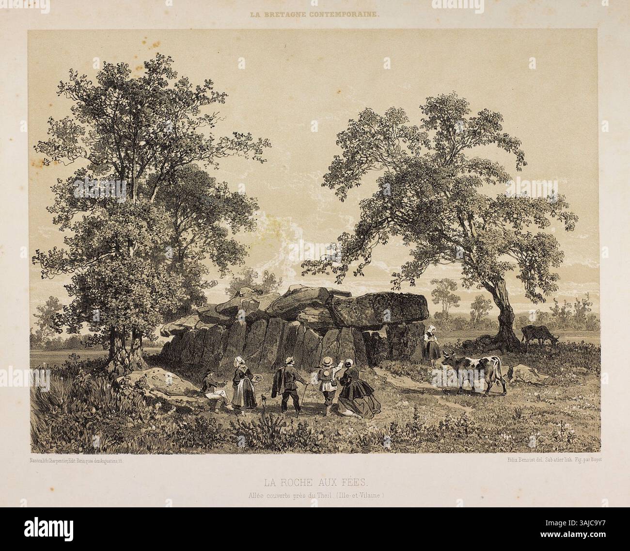 Cette lithographie de Félix Benoist, réalisée entre 1818 et 1896, représente la Roche aux fées, un site mégalithique préhistorique en Bretagne. La gravure met en valeur l'allée couverte et le paysage environnant, reflétant l'importance culturelle et historique du site dans le contexte de la Bretagne contemporaine. Banque D'Images
