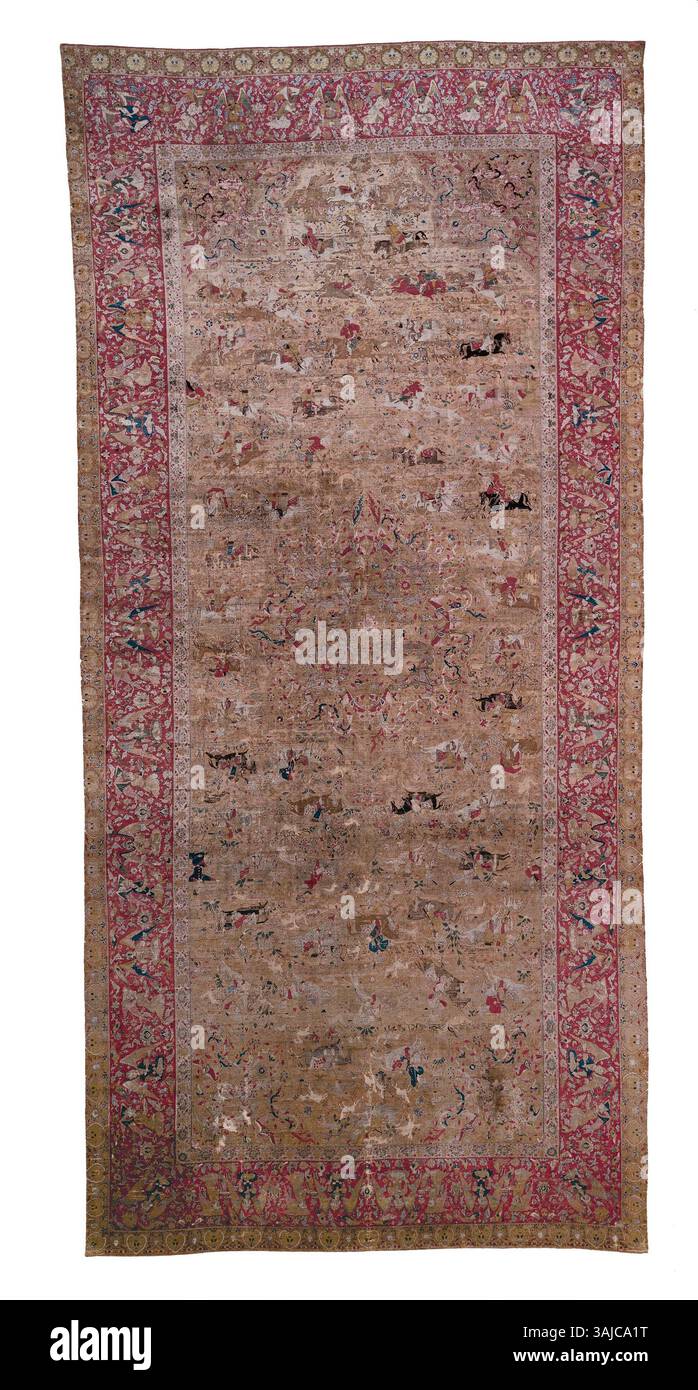 Ce tapis de chasse viennois du XVIe siècle provient de la cour du Shah Tahmasp I, avec son design attribué aux peintres de la cour. C'est probablement un cadeau diplomatique, avec des motifs complexes associés à l'Iran safavide. Banque D'Images